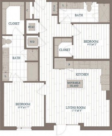 Floor plan for 2 beds, 2 baths, 1009 sqft